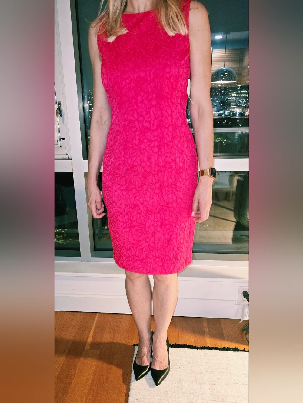 Elie Tahari Vibrant Pink Sleeveless Lace-Texture Sheath Dress